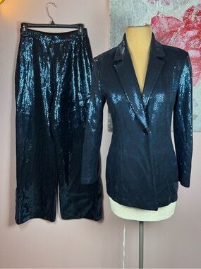 St. John Vintage Couture Sequined Navy Blue Blazer & Wide-Leg Pants Set